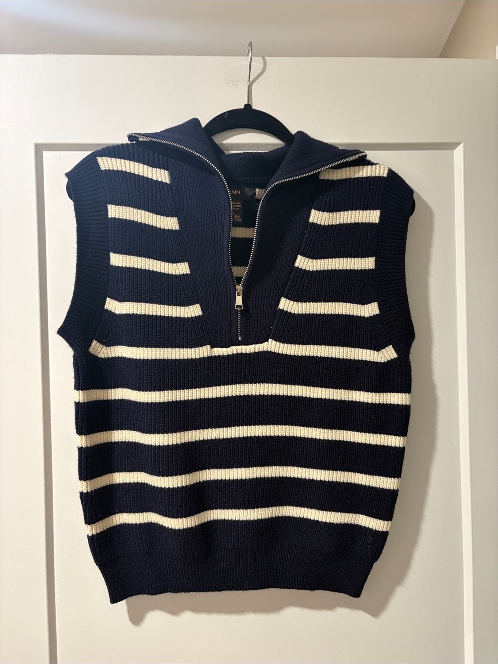 Navy and Cream Striped Half-Zip Sweater Vest